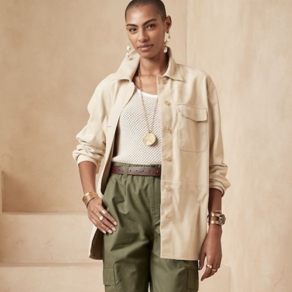 NWT-Banana Rebublic Women's Heritage Suede Shirt Jacket - Beige -size L - Picture 4 of 11